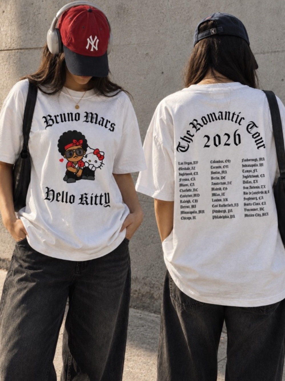 White Bruno Mars And Hello Kitty Graphic Tee - The Romantic Music Tour T-Shirt
